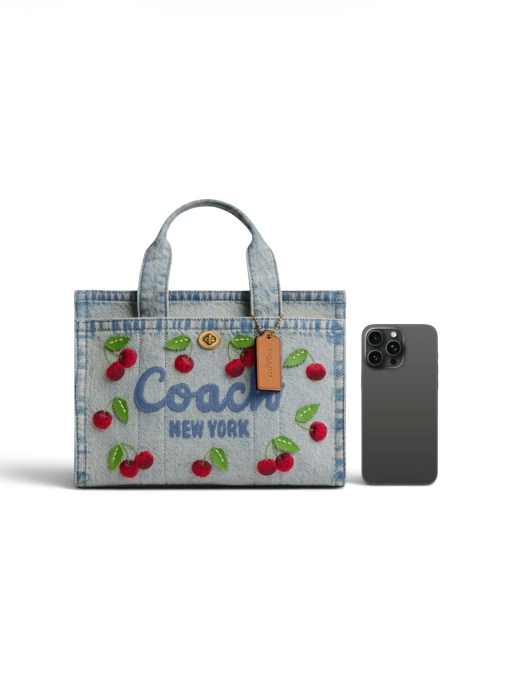 Coach Cargo Tote Bag 26 in Cherry Embroidery | Brass/Denim | Crossbody - Picture 8 of 11